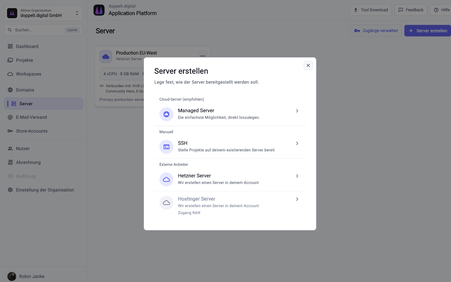 Server per SSH anbinden und pro Umgebung zuweisen.