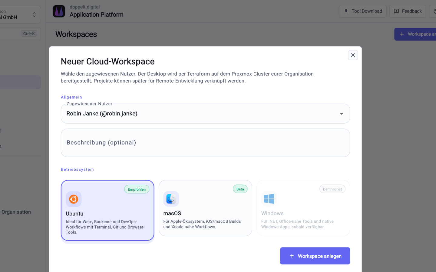 Workspace anlegen: Größe, Betriebssystem und Zuständigkeit in einem Schritt.